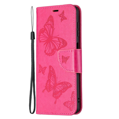 For Samsung Galaxy M32 Embossing Two Butterflies Pattern Horizontal Flip PU Leather Case with Holder & Card Slot & Wallet & Lanyard(Rose Red) by buy2fix