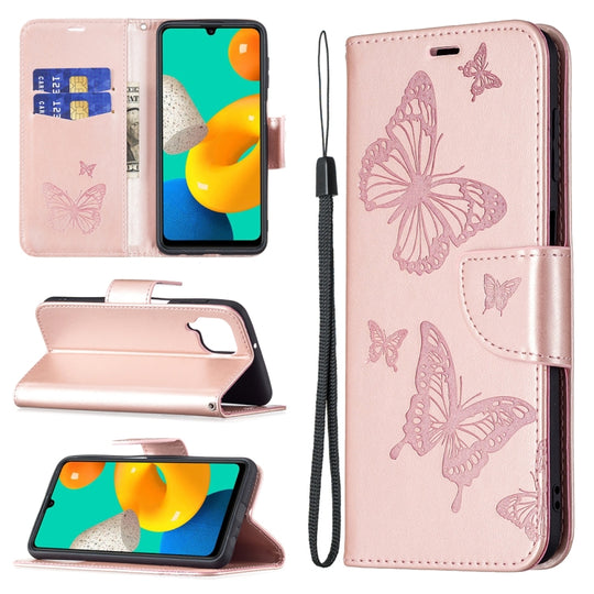For Samsung Galaxy M32 Embossing Two Butterflies Pattern Horizontal Flip PU Leather Case with Holder & Card Slot & Wallet & Lanyard(Rose Gold)