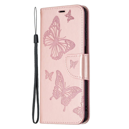 For Samsung Galaxy M32 Embossing Two Butterflies Pattern Horizontal Flip PU Leather Case with Holder & Card Slot & Wallet & Lanyard(Rose Gold) by buy2fix