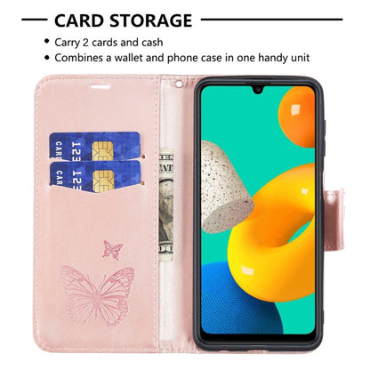 For Samsung Galaxy M32 Embossing Two Butterflies Pattern Horizontal Flip PU Leather Case with Holder & Card Slot & Wallet & Lanyard(Rose Gold) by buy2fix