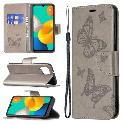 For Samsung Galaxy M32 Embossing Two Butterflies Pattern Horizontal Flip PU Leather Case with Holder & Card Slot & Wallet & Lanyard(Grey) by buy2fix