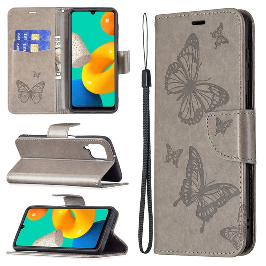 For Samsung Galaxy M32 Embossing Two Butterflies Pattern Horizontal Flip PU Leather Case with Holder & Card Slot & Wallet & Lanyard(Grey) by buy2fix