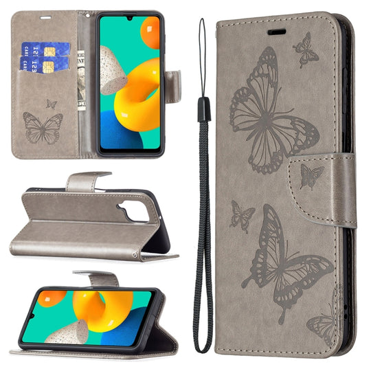 For Samsung Galaxy M32 Embossing Two Butterflies Pattern Horizontal Flip PU Leather Case with Holder & Card Slot & Wallet & Lanyard(Grey)