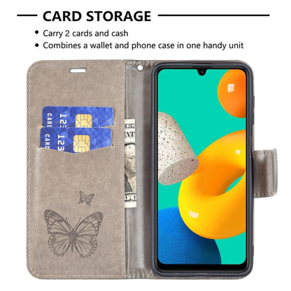 For Samsung Galaxy M32 Embossing Two Butterflies Pattern Horizontal Flip PU Leather Case with Holder & Card Slot & Wallet & Lanyard(Grey) by buy2fix