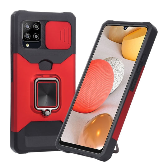 For Samsung Galaxy A42 5G Sliding Camera Cover Design PC + TPU Shockproof Case with Ring Holder & Card Slot(Red)
