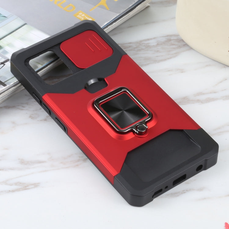 For Samsung Galaxy A42 5G Sliding Camera Cover Design PC + TPU Shockproof Case with Ring Holder & Card Slot(Red) by buy2fix