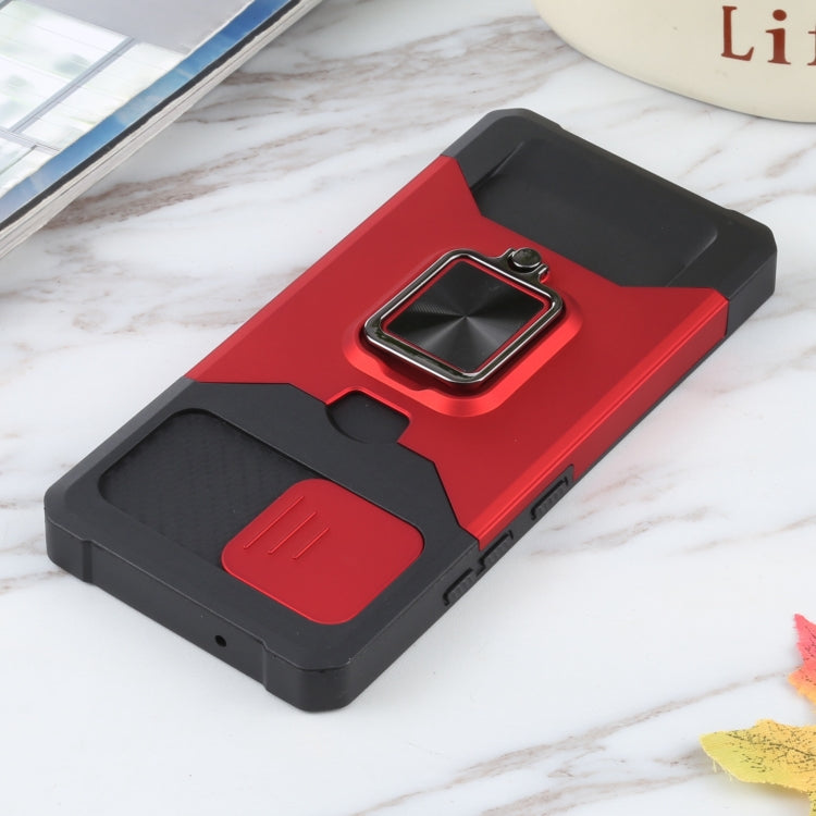 For Samsung Galaxy A42 5G Sliding Camera Cover Design PC + TPU Shockproof Case with Ring Holder & Card Slot(Red) by buy2fix