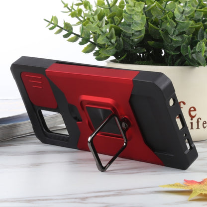 For Samsung Galaxy A42 5G Sliding Camera Cover Design PC + TPU Shockproof Case with Ring Holder & Card Slot(Red) by buy2fix