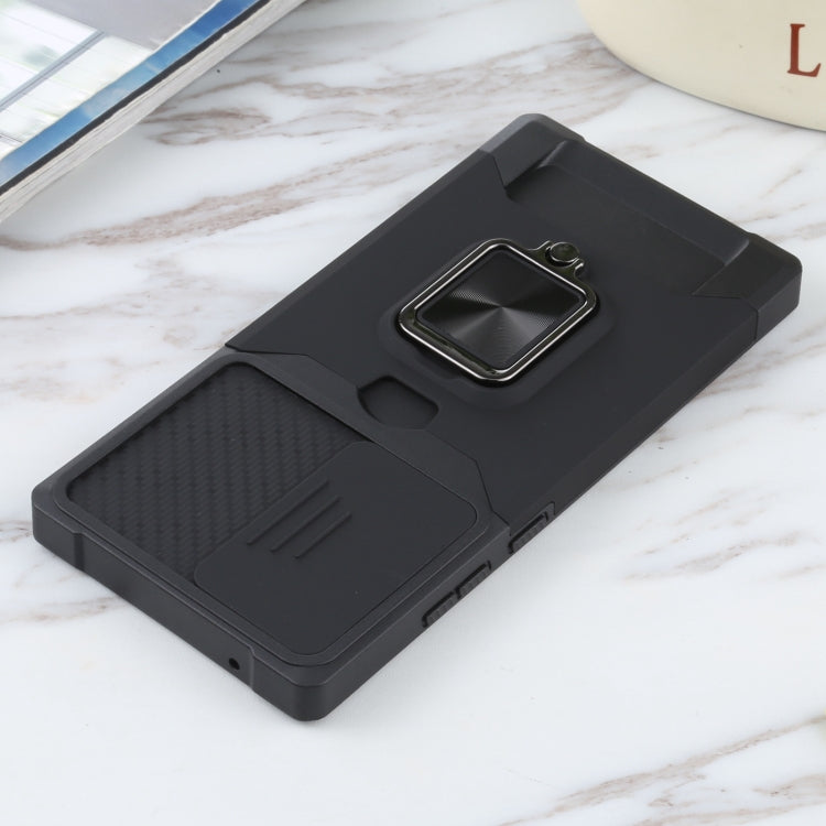 For Samsung Galaxy Note20 Ultra Sliding Camera Cover Design PC + TPU Shockproof Case with Ring Holder & Card Slot(Black) by buy2fix