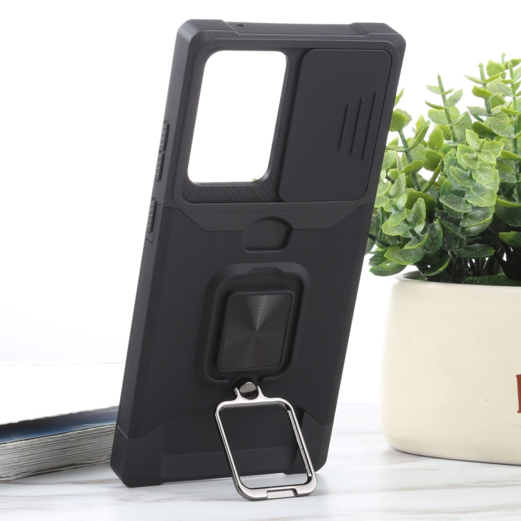 For Samsung Galaxy Note20 Ultra Sliding Camera Cover Design PC + TPU Shockproof Case with Ring Holder & Card Slot(Black) by buy2fix