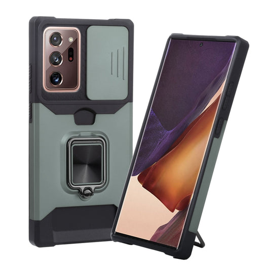 For Samsung Galaxy Note20 Ultra Sliding Camera Cover Design PC + TPU Shockproof Case with Ring Holder & Card Slot(Dark Green) by buy2fix