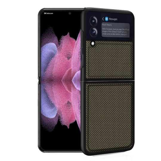 For Samsung Galaxy Z Flip3 5G Solid Color Carbon Fiber Texture PU Shockproof Protective Case(Carbon Gold)