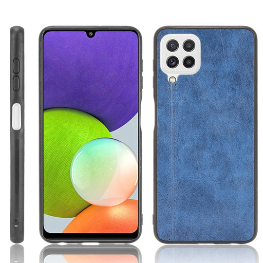 For Samsung Galaxy A22 4G Shockproof Sewing Cow Pattern Skin PC + PU + TPU Case(Blue)