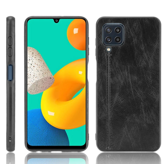 For Samsung Galaxy M32 4G Shockproof Sewing Cow Pattern Skin PC + PU + TPU Case(Black)