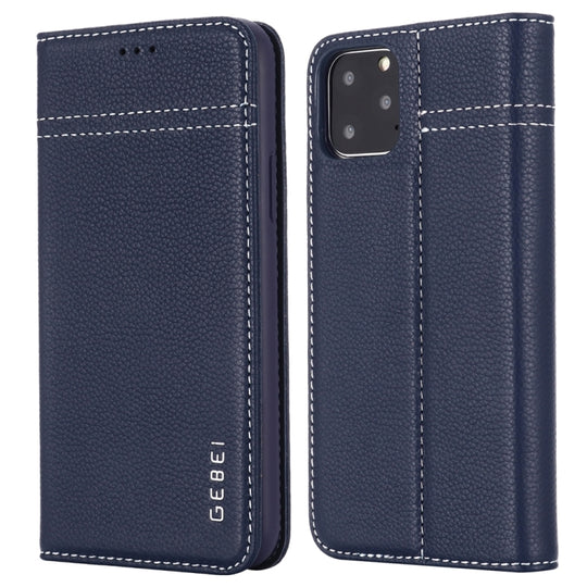 For iPhone 11 Pro Max GEBEI Top-grain Leather Horizontal Flip Protective Case with Holder & Card Slots(Blue)