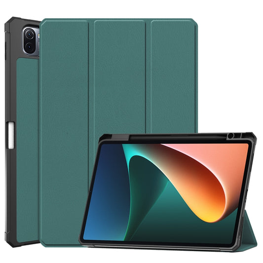 For Xiaomi Pad 5 / 5 Pro Custer Texture Horizontal Flip Leather Case with Three-folding Holder & Sleep / Wake-up Function(Dark Green) by buy2fix