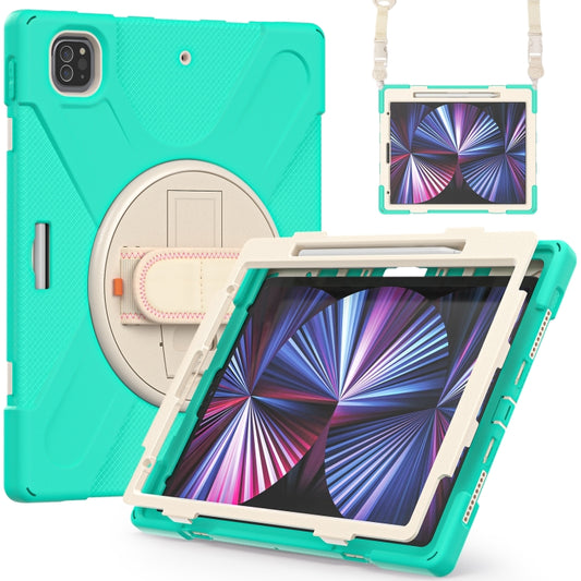 For iPad Pro 12.9 2022 / 2021 Rotatable Holder Silicone Hybrid PC Tablet Case with Shoulder Strap(Mint Green) - iPad Pro 12.9 (2022/2021) Cases by buy2fix | Online Shopping UK | buy2fix