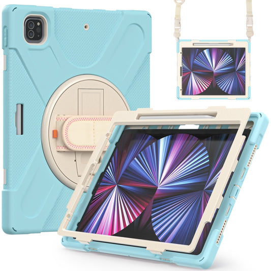 For iPad Pro 12.9 2022 / 2021 Rotatable Holder Silicone Hybrid PC Tablet Case with Shoulder Strap(Ice Blue) - iPad Pro 12.9 (2022/2021) Cases by buy2fix | Online Shopping UK | buy2fix