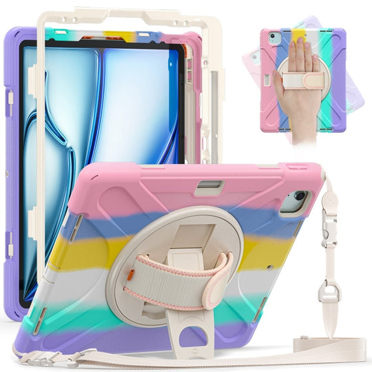 For iPad Pro 12.9 2022 / 2021 Rotatable Holder Silicone Hybrid PC Tablet Case with Shoulder Strap(Colorful Pink)