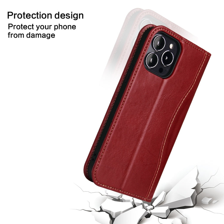 For iPhone 13 mini Genuine Leather Horizontal Flip Leather Case with Holder & Card Slots & Wallet (Wine Red) - iPhone 13 mini Cases by buy2fix | Online Shopping UK | buy2fix