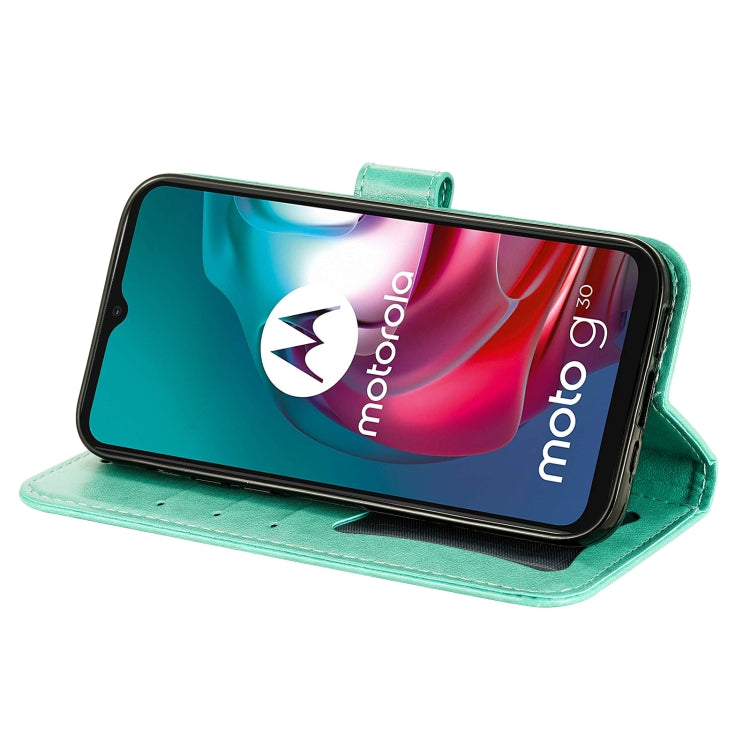 7-petal Flowers Embossing Pattern Horizontal Flip PU Leather Case with Holder & Card Slots & Wallet & Photo Frame For Motorola Moto G30 / G10 / G10 Power / G20(Green) by buy2fix