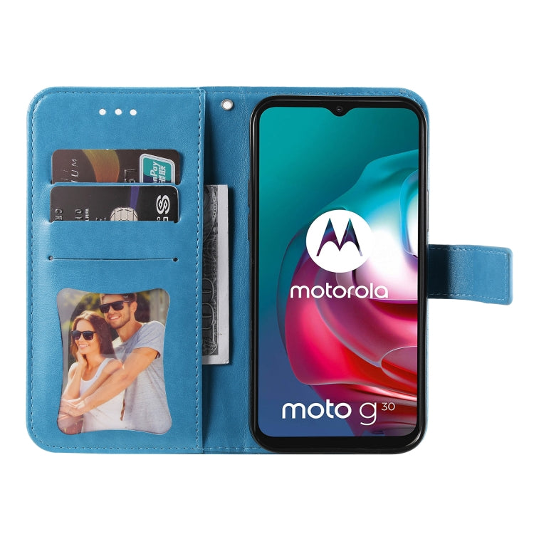 7-petal Flowers Embossing Pattern Horizontal Flip PU Leather Case with Holder & Card Slots & Wallet & Photo Frame For Motorola Moto G30 / G10 / G10 Power / G20(Blue) by buy2fix