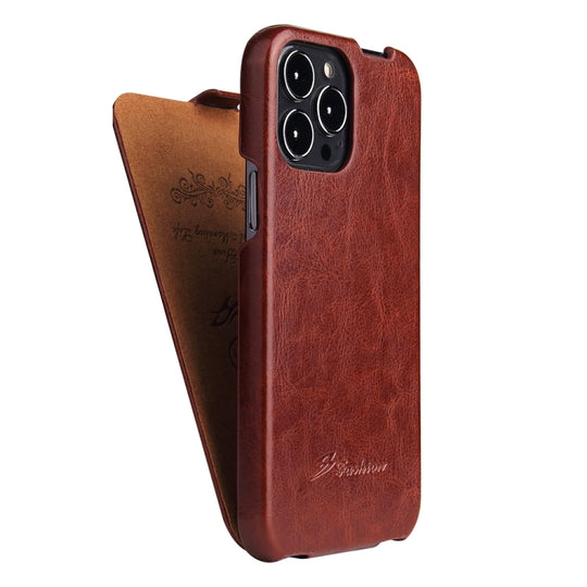 For iPhone 13 Pro Max Fierre Shann Retro Oil Wax Texture Vertical Flip PU Leather Case (Brown)
