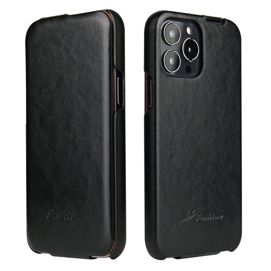 For iPhone 13 mini Fierre Shann Retro Oil Wax Texture Vertical Flip PU Leather Case (Black) by FIERRE SHANN