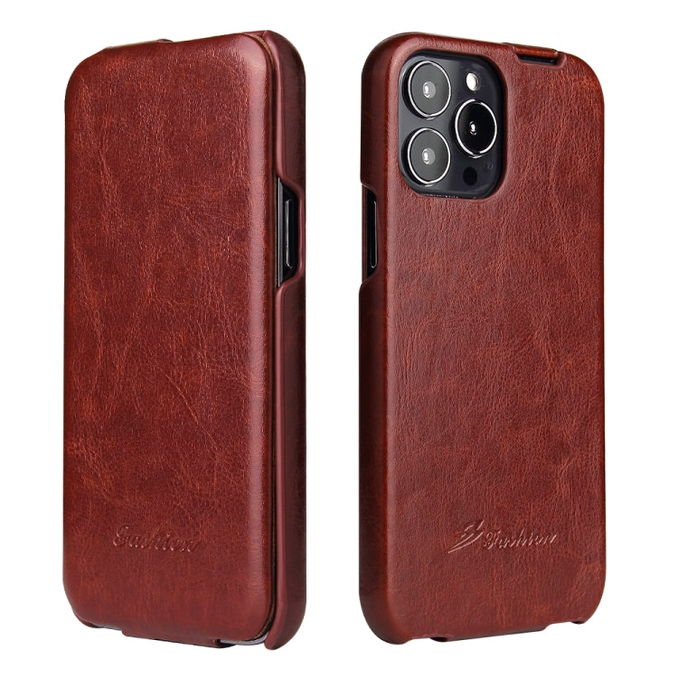 For iPhone 13 mini Fierre Shann Retro Oil Wax Texture Vertical Flip PU Leather Case (Brown) by FIERRE SHANN