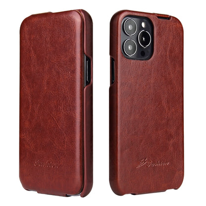 For iPhone 13 mini Fierre Shann Retro Oil Wax Texture Vertical Flip PU Leather Case (Brown) by FIERRE SHANN