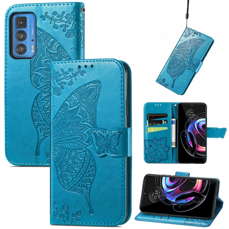 Butterfly Love Flowers Embossed Horizontal Flip Leather Case with Holder & Card Slots & Wallet & Lanyard For Motorola Edge 20 Pro(Blue) by buy2fix