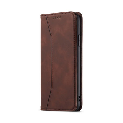 For iPhone 13 Pro Skin-feel Calfskin Texture Magnetic Dual-Fold Horizontal Flip Leather Case with Holder & Card Slots & Wallet (Coffee) - iPhone 13 Pro Cases by buy2fix | Online Shopping UK | buy2fix