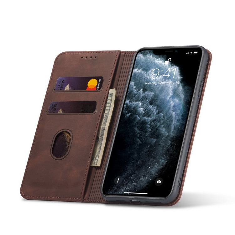 For iPhone 13 Pro Skin-feel Calfskin Texture Magnetic Dual-Fold Horizontal Flip Leather Case with Holder & Card Slots & Wallet (Coffee) - iPhone 13 Pro Cases by buy2fix | Online Shopping UK | buy2fix