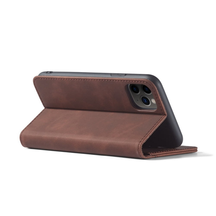 For iPhone 13 Pro Skin-feel Calfskin Texture Magnetic Dual-Fold Horizontal Flip Leather Case with Holder & Card Slots & Wallet (Coffee) - iPhone 13 Pro Cases by buy2fix | Online Shopping UK | buy2fix