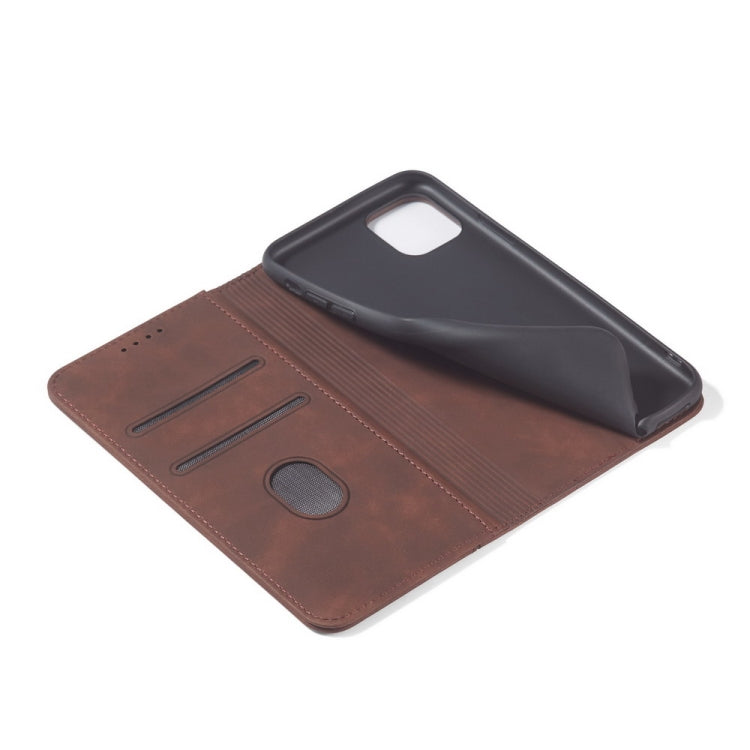 For iPhone 13 Pro Skin-feel Calfskin Texture Magnetic Dual-Fold Horizontal Flip Leather Case with Holder & Card Slots & Wallet (Coffee) - iPhone 13 Pro Cases by buy2fix | Online Shopping UK | buy2fix