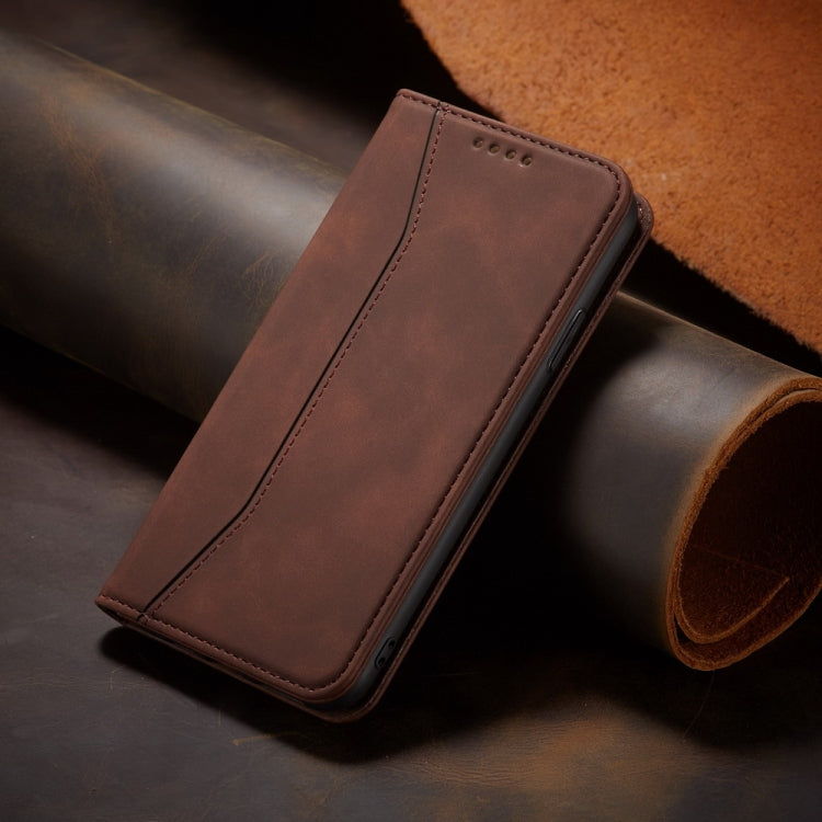 For iPhone 13 Pro Skin-feel Calfskin Texture Magnetic Dual-Fold Horizontal Flip Leather Case with Holder & Card Slots & Wallet (Coffee) - iPhone 13 Pro Cases by buy2fix | Online Shopping UK | buy2fix