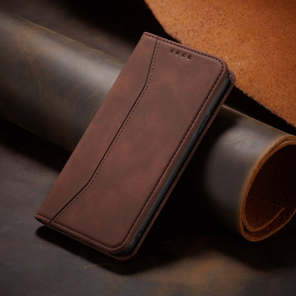 For iPhone 13 Pro Skin-feel Calfskin Texture Magnetic Dual-Fold Horizontal Flip Leather Case with Holder & Card Slots & Wallet (Coffee) - iPhone 13 Pro Cases by buy2fix | Online Shopping UK | buy2fix