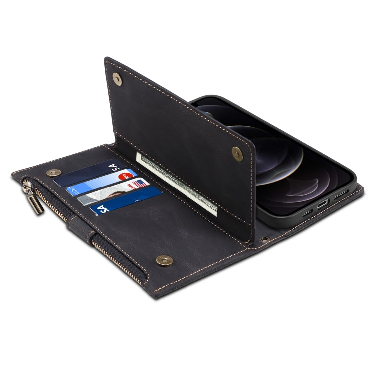 For iPhone 12 Pro Max Retro Frosted Horizontal Flip Leather Case with Holder & Card Slot & Wallet & Zipper Pocket & Lanyard(Black) - iPhone 12 Pro Max Cases by buy2fix | Online Shopping UK | buy2fix