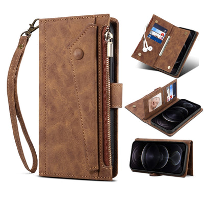 For iPhone 12 Pro Max Retro Frosted Horizontal Flip Leather Case with Holder & Card Slot & Wallet & Zipper Pocket & Lanyard(Brown) by buy2fix