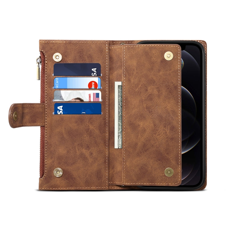 For iPhone 12 Pro Max Retro Frosted Horizontal Flip Leather Case with Holder & Card Slot & Wallet & Zipper Pocket & Lanyard(Brown) by buy2fix