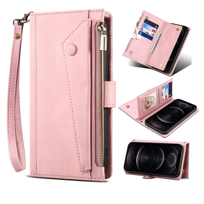 For iPhone 12 Pro Max Retro Frosted Horizontal Flip Leather Case with Holder & Card Slot & Wallet & Zipper Pocket & Lanyard(Rose Gold) by buy2fix