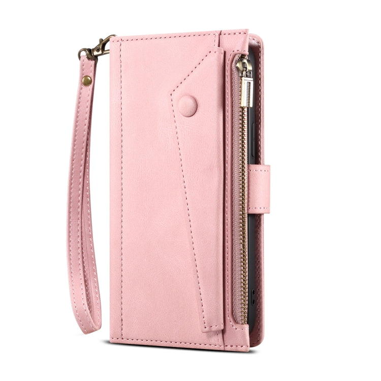 For iPhone 12 Pro Max Retro Frosted Horizontal Flip Leather Case with Holder & Card Slot & Wallet & Zipper Pocket & Lanyard(Rose Gold) by buy2fix