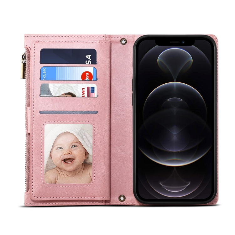 For iPhone 12 Pro Max Retro Frosted Horizontal Flip Leather Case with Holder & Card Slot & Wallet & Zipper Pocket & Lanyard(Rose Gold) by buy2fix