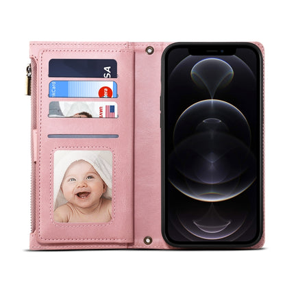 For iPhone 12 Pro Max Retro Frosted Horizontal Flip Leather Case with Holder & Card Slot & Wallet & Zipper Pocket & Lanyard(Rose Gold) by buy2fix