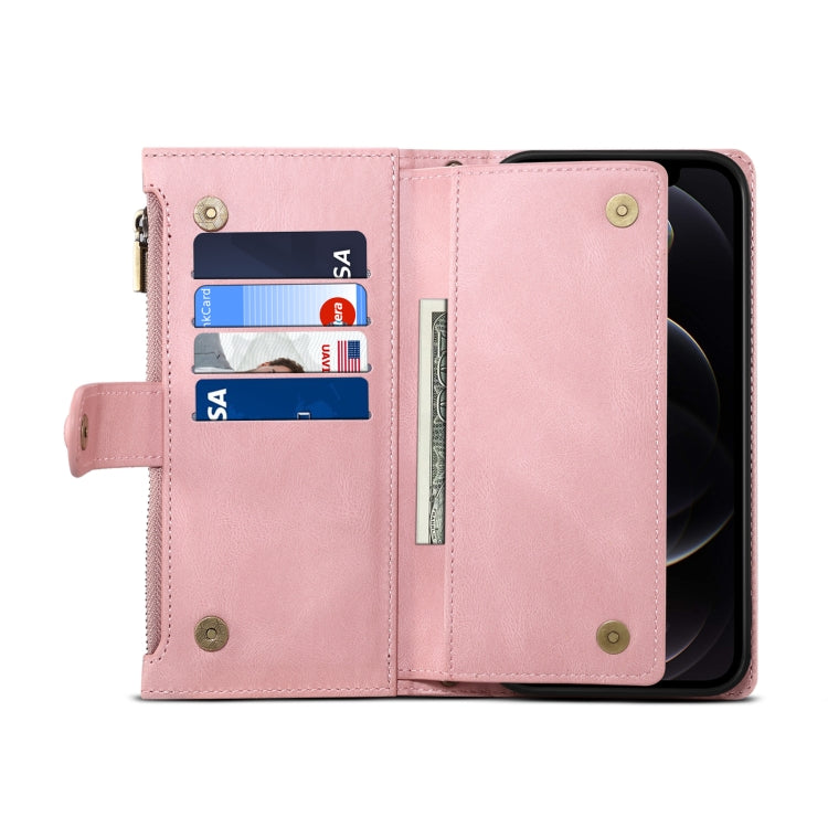 For iPhone 12 Pro Max Retro Frosted Horizontal Flip Leather Case with Holder & Card Slot & Wallet & Zipper Pocket & Lanyard(Rose Gold) by buy2fix