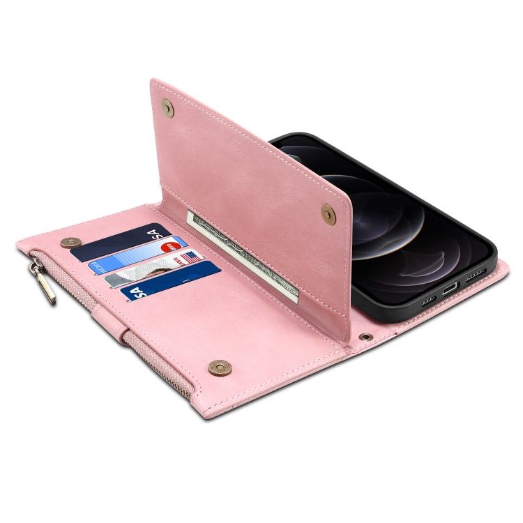For iPhone 12 Pro Max Retro Frosted Horizontal Flip Leather Case with Holder & Card Slot & Wallet & Zipper Pocket & Lanyard(Rose Gold) by buy2fix