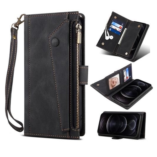 For iPhone 12 Pro Retro Frosted Horizontal Flip Leather Case with Holder & Card Slot & Wallet & Zipper Pocket & Lanyard(Black) - iPhone 12 / 12 Pro Cases by buy2fix | Online Shopping UK | buy2fix