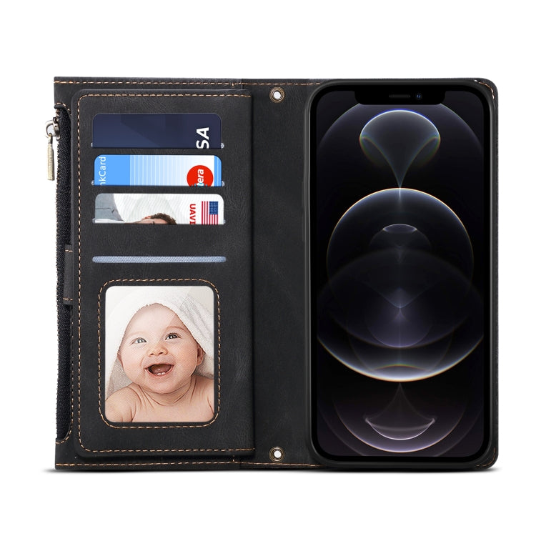 For iPhone 12 Pro Retro Frosted Horizontal Flip Leather Case with Holder & Card Slot & Wallet & Zipper Pocket & Lanyard(Black) - iPhone 12 / 12 Pro Cases by buy2fix | Online Shopping UK | buy2fix