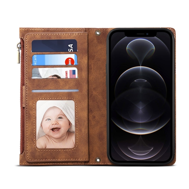 For iPhone 12 Pro Retro Frosted Horizontal Flip Leather Case with Holder & Card Slot & Wallet & Zipper Pocket & Lanyard(Brown) by buy2fix