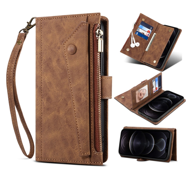 For iPhone 12 Retro Frosted Horizontal Flip Leather Case with Holder & Card Slot & Wallet & Zipper Pocket & Lanyard(Brown) by buy2fix